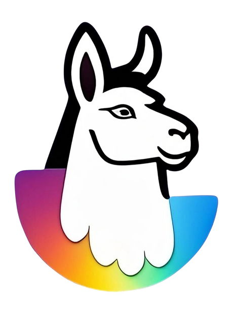 Logo de Llama Marketing: una llama blanca con pelaje negro sobre un fondo de colores arcoíris. Representa nuestra agencia de marketing digital en Tigre, especializada en community management, publicidad y publicidad en redes sociales.